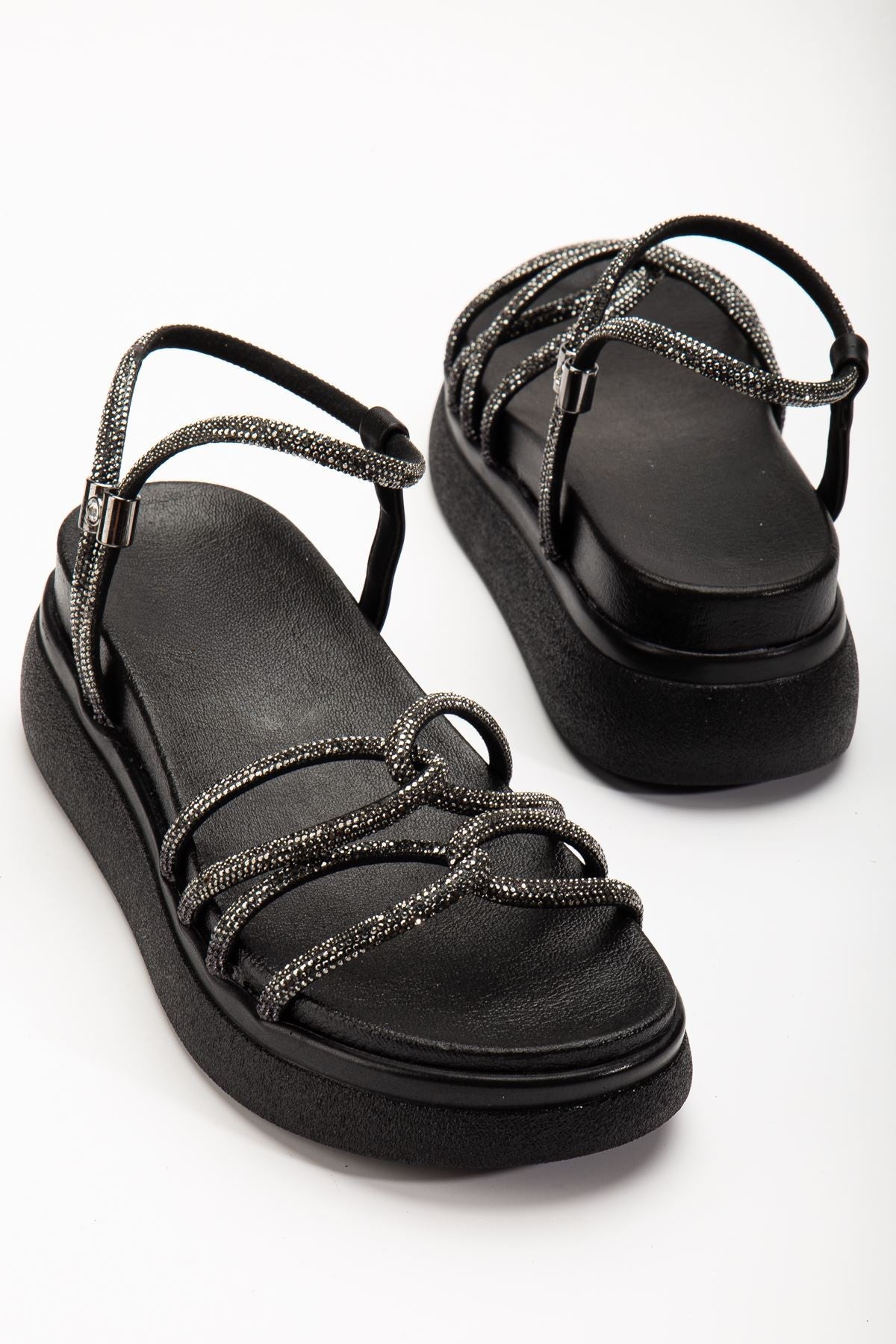 Tylinea Mat Siyah Platin Bantlı Kadın Sandalet - ILOVESHOES