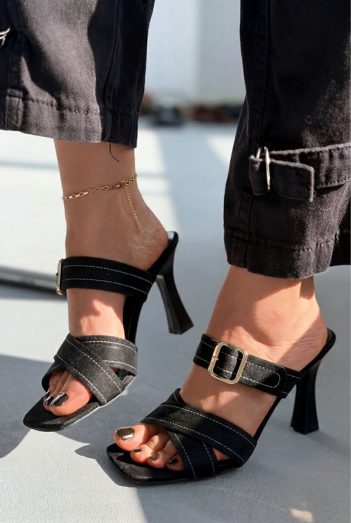 Norden Siyah Süet Kadın Topuklu Terlik - ILOVESHOES
