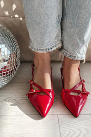 Pejox Rugan Toka Detaylı Kısa Topuklu Stiletto Kırmızı