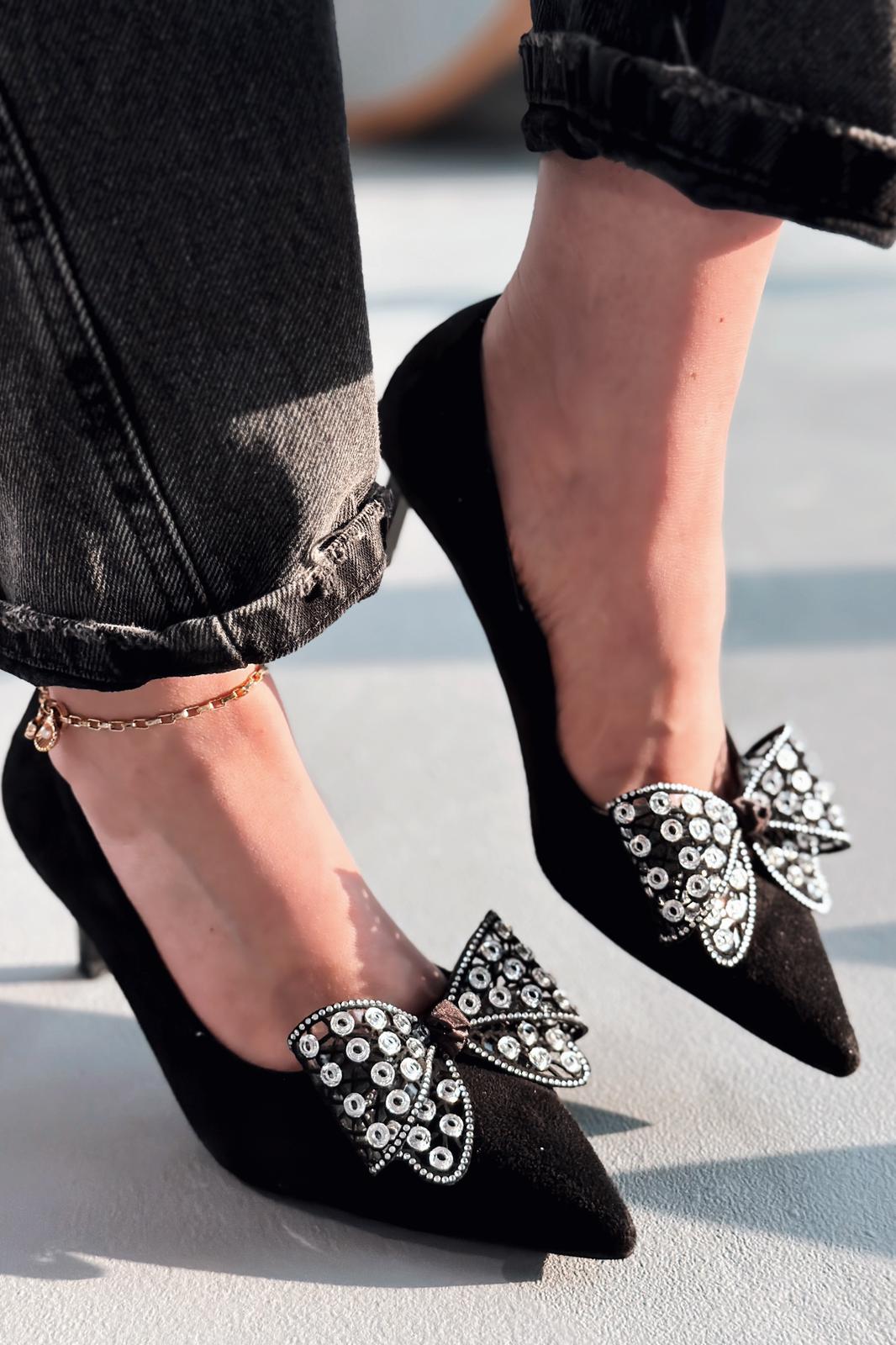 Sorexa Stiletto Siyah Süet Fiyonk Detaylı - ILOVESHOES