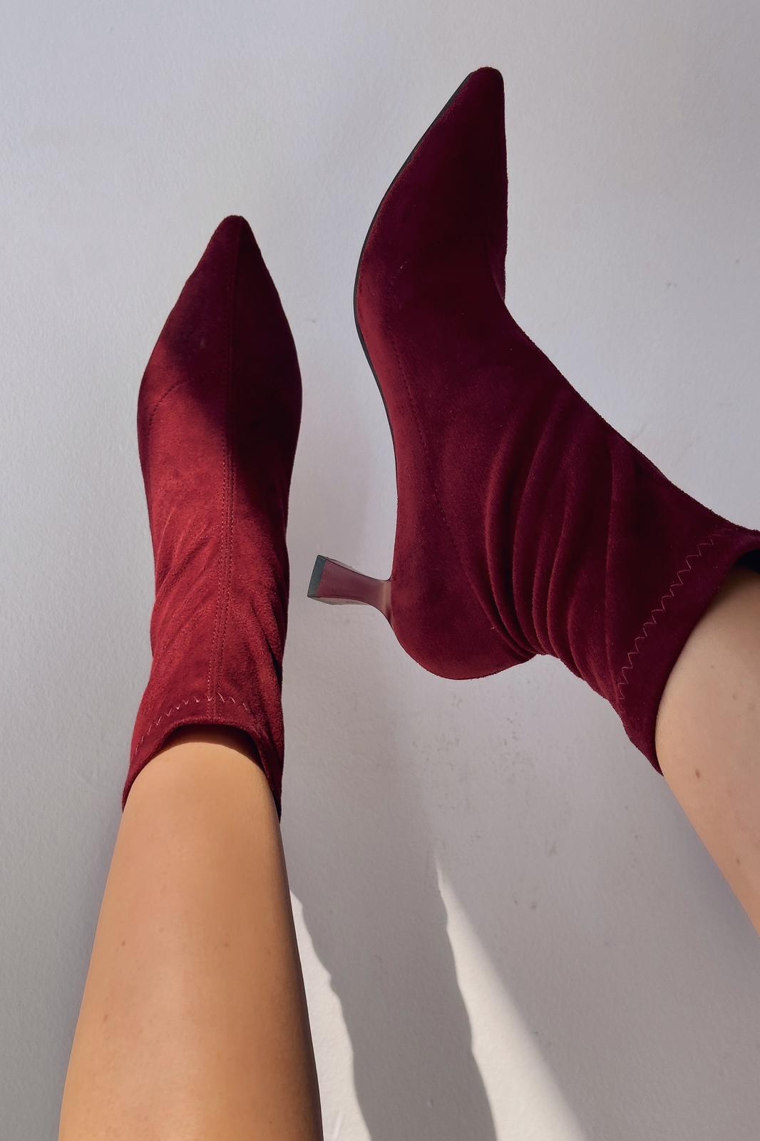 Loravo Süet Streç Topuklu Çorap Bot Bordo - ILOVESHOES