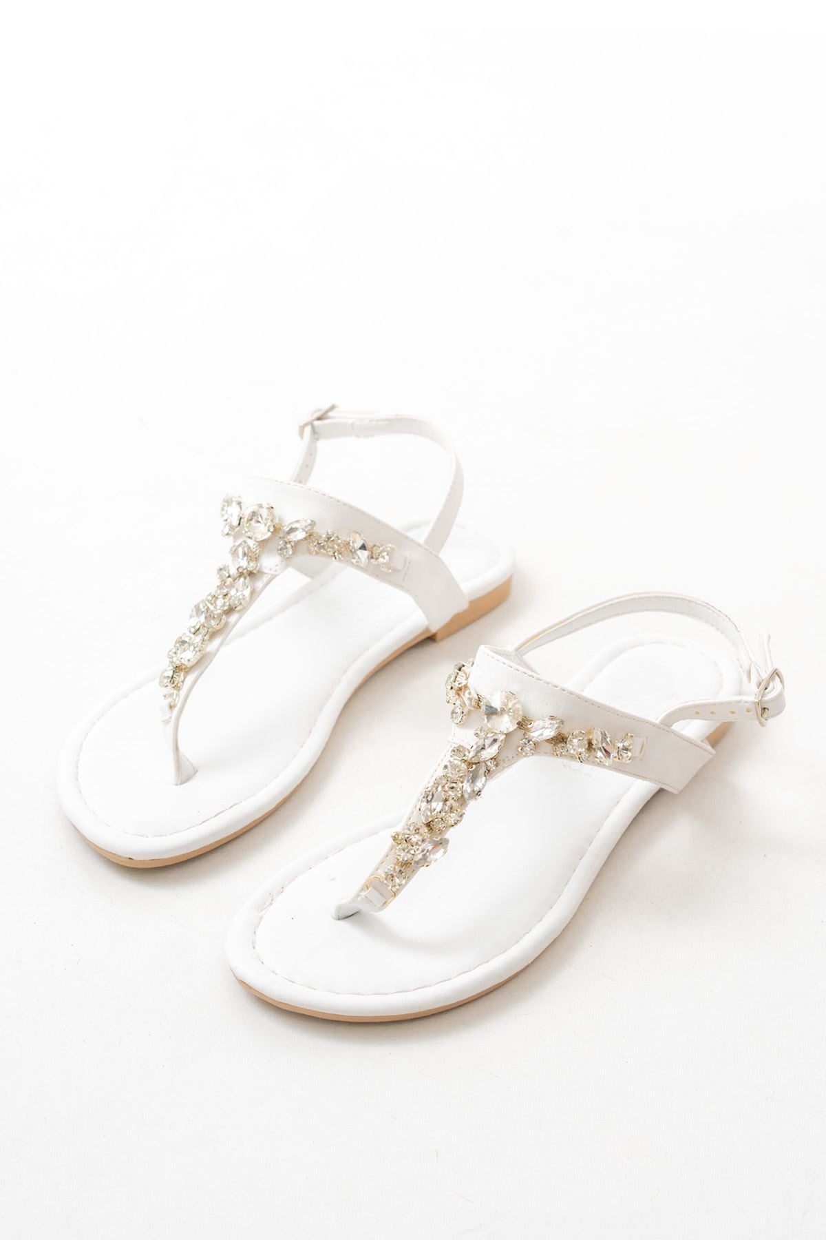 Selvion Mat Deri Beyaz Beyaz Taşlı Parmak Arası Kadın Sandalet - ILOVESHOES