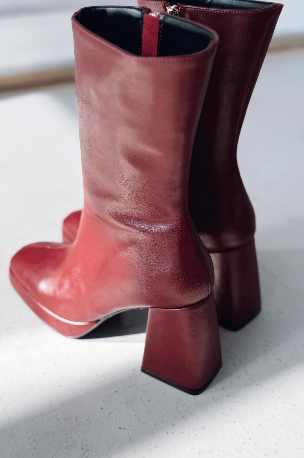 Polinca Mat Deri Platform Topuklu Bordo Kadın Bot - ILOVESHOES