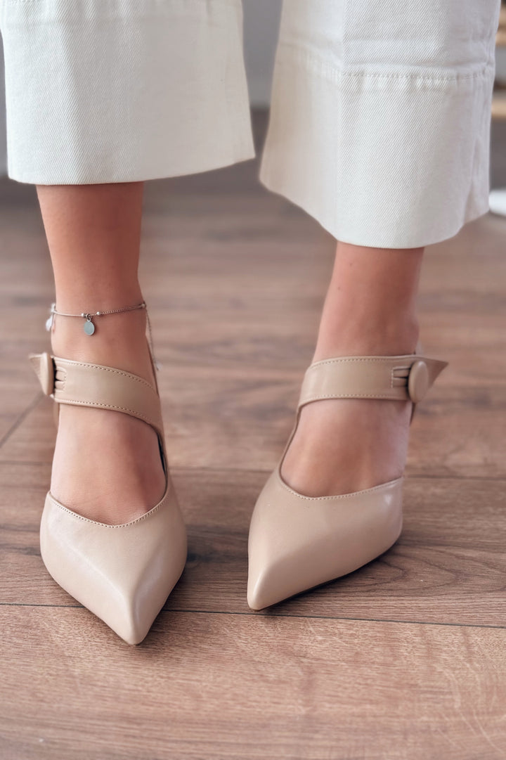 Wasord Mat Deri Düğme Detaylı Stiletto Nude