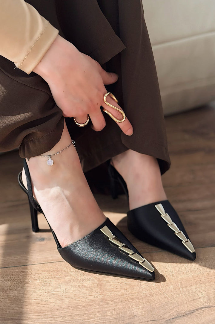 Jaylen Saten Siyah Yüksek Topuklu Kadın Ayakkabı - ILOVESHOES