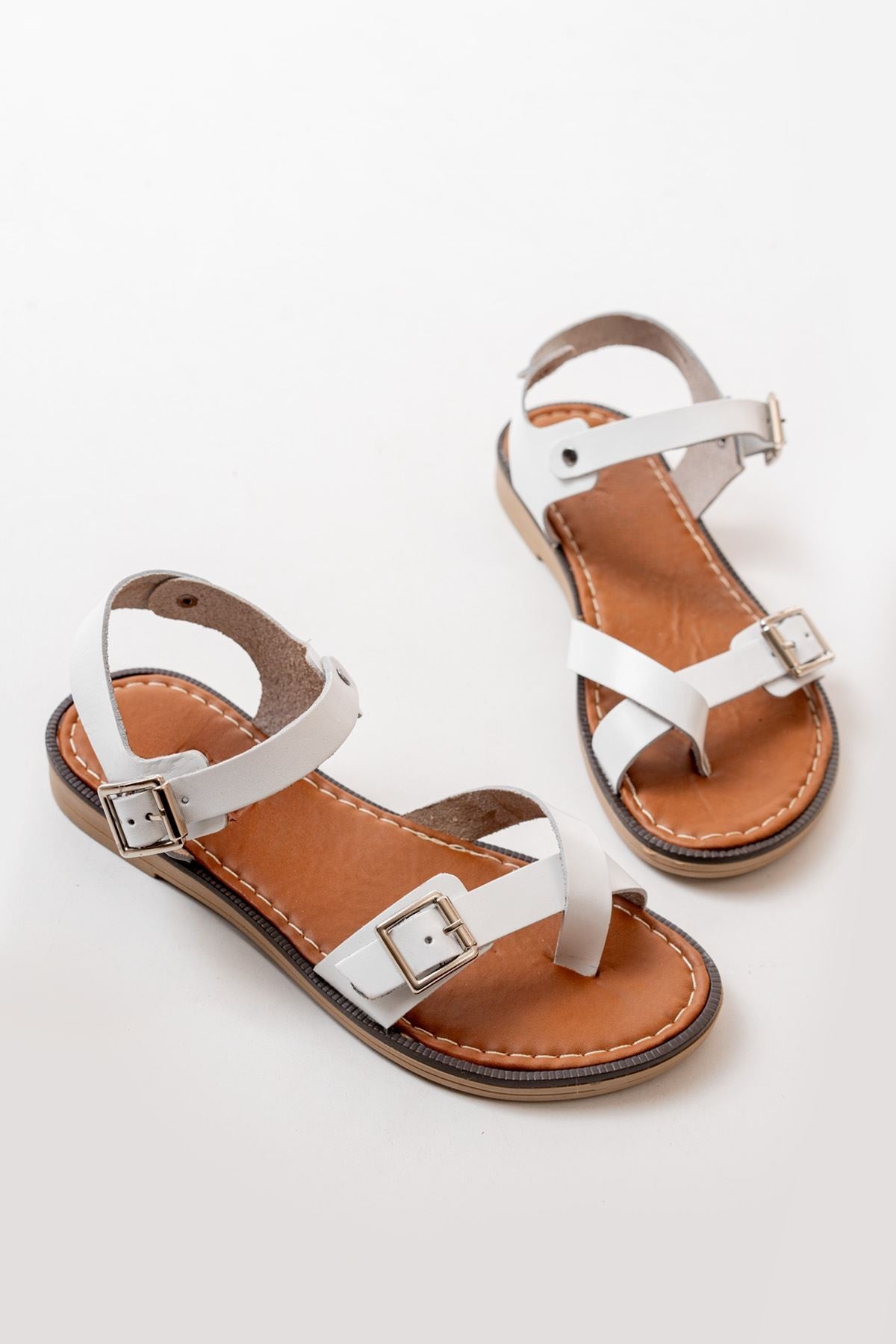 Passilya Hakiki Deri Beyaz Kadın Sandalet - ILOVESHOES