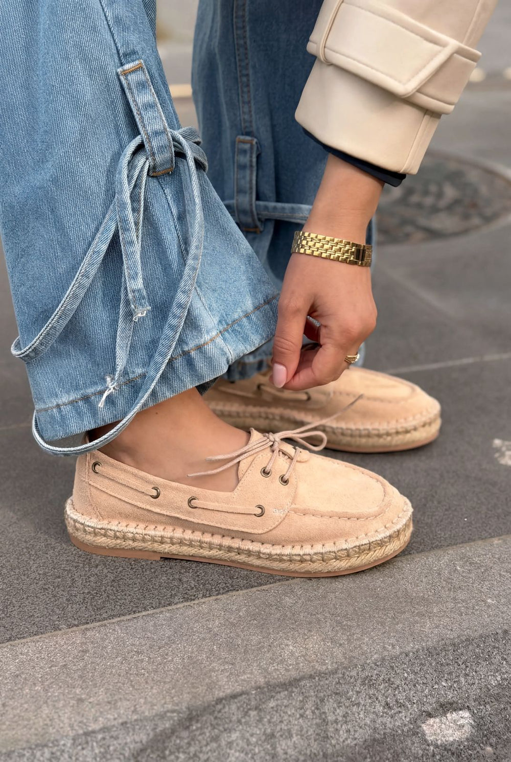 Selora Hakiki Süet Bağcıklı Espadril Bej - ILOVESHOES