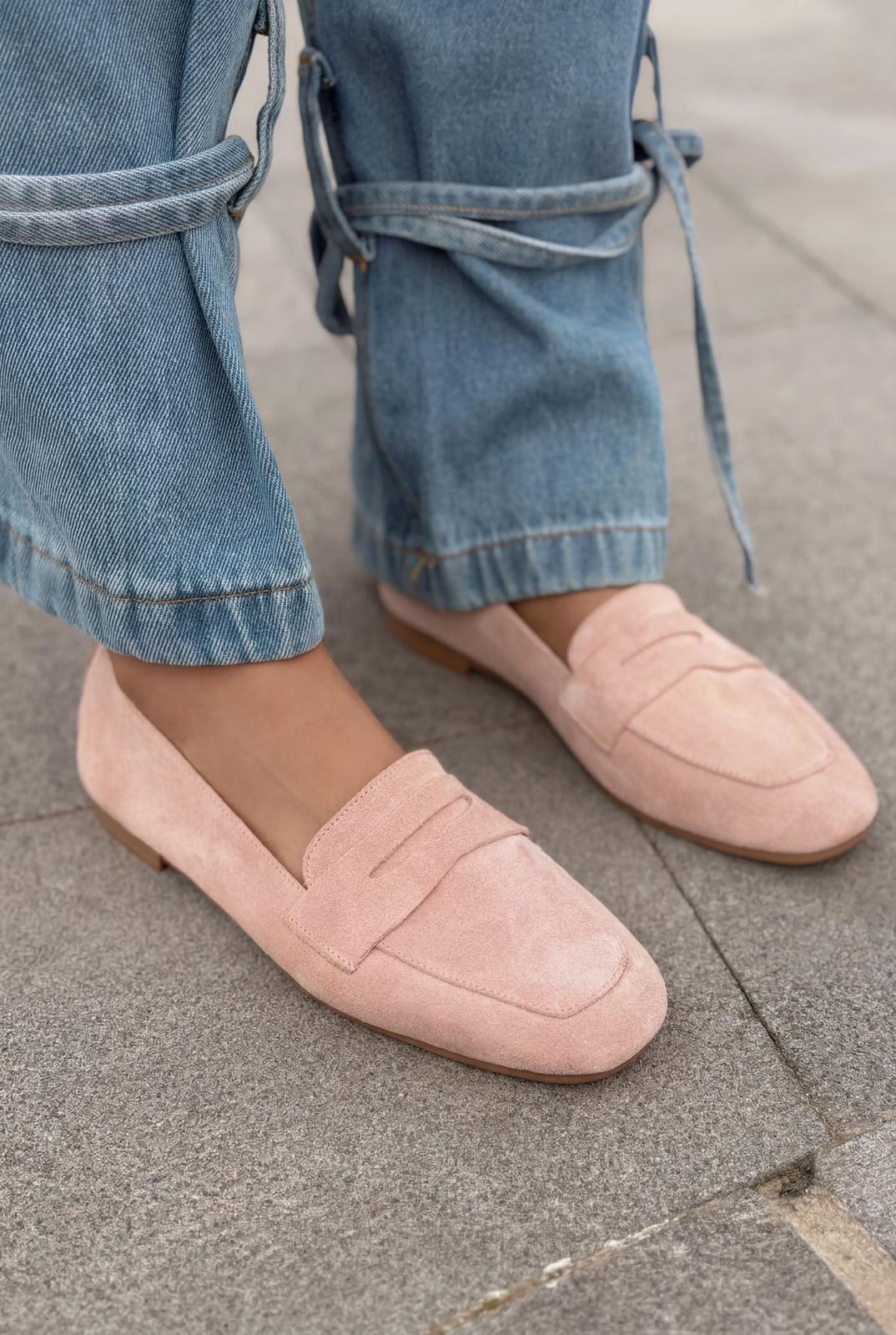 Melniel Hakiki Süet Kadın Loafer Pudra - ILOVESHOES