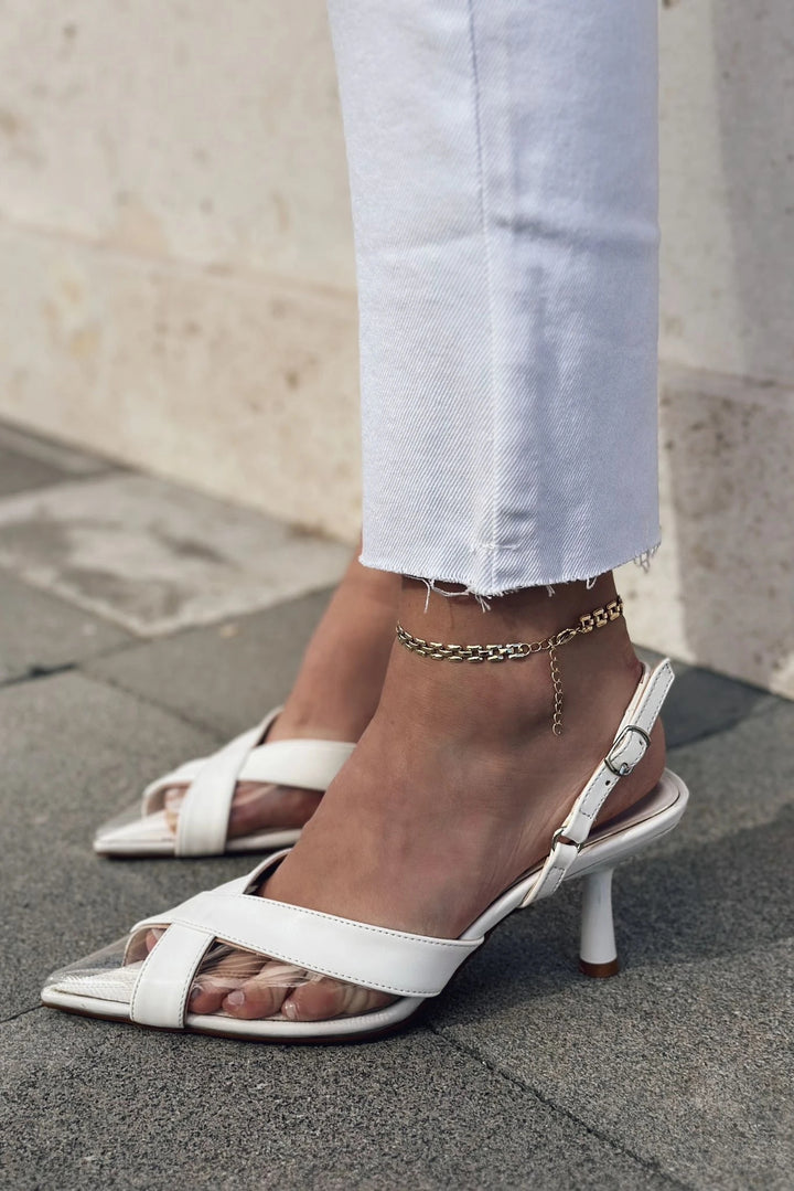 Savro Mat Deri Şeffaf Detaylı Stiletto Beyaz