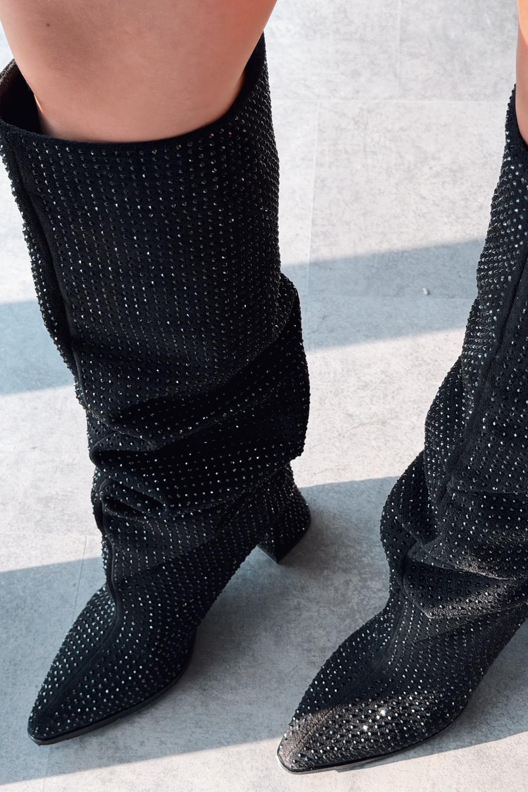 Lamorin Kadın Topuklu XL Çizme Süet Siyah Taş Detaylı - ILOVESHOES