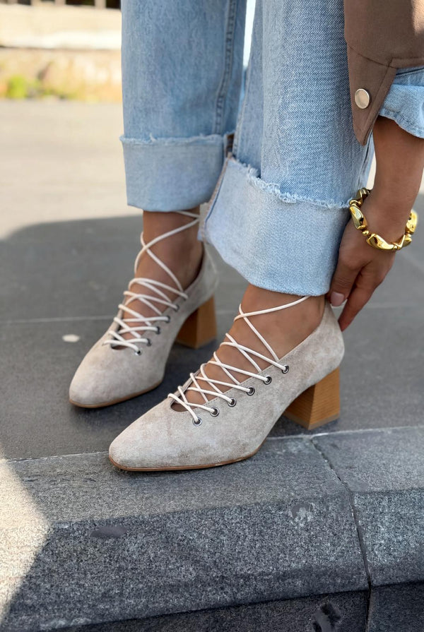 Temora Topuklu Ayakkabı Bej Süet - ILOVESHOES