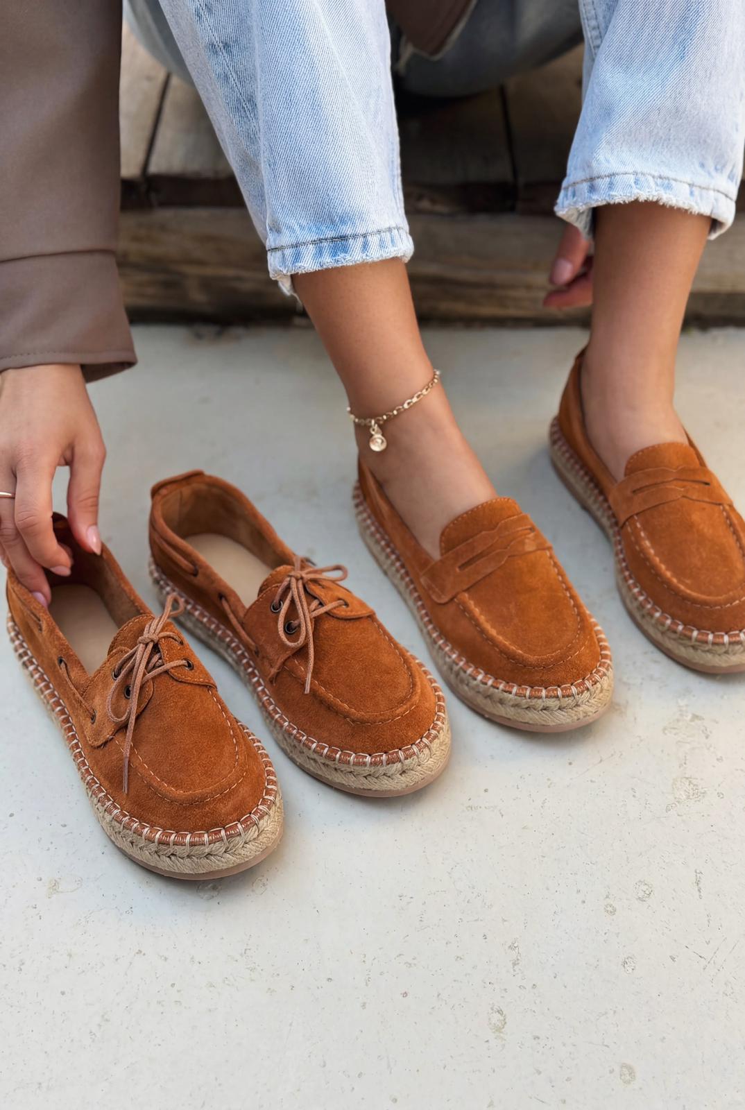Selora Bağcıklı Espadril Taba Hakiki Süet - ILOVESHOES