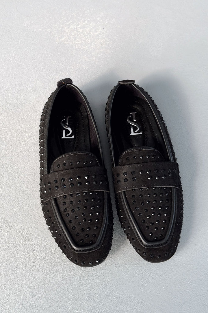 Talori Kadın Loafer Siyah Süet Siyah Taşlı - ILOVESHOES