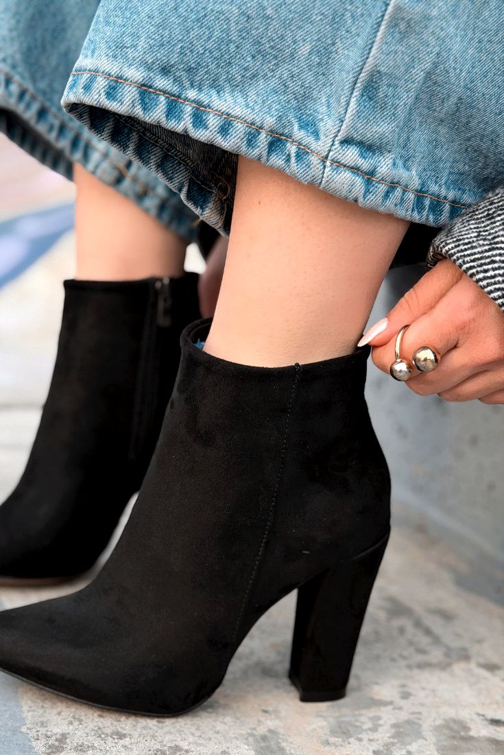 Alvora Kadın Topuklu Bot Siyah Süet - ILOVESHOES