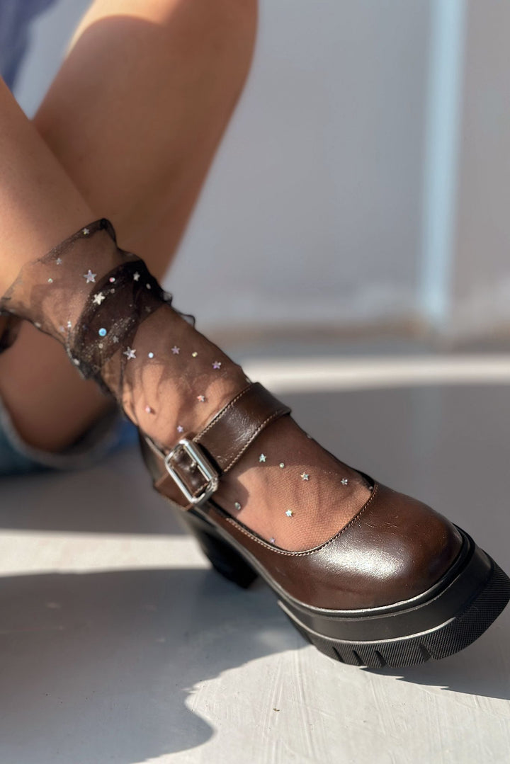 Solea Kalın Taban Topuklu Mary Jane Acı Kahve Mat Deri - ILOVESHOES