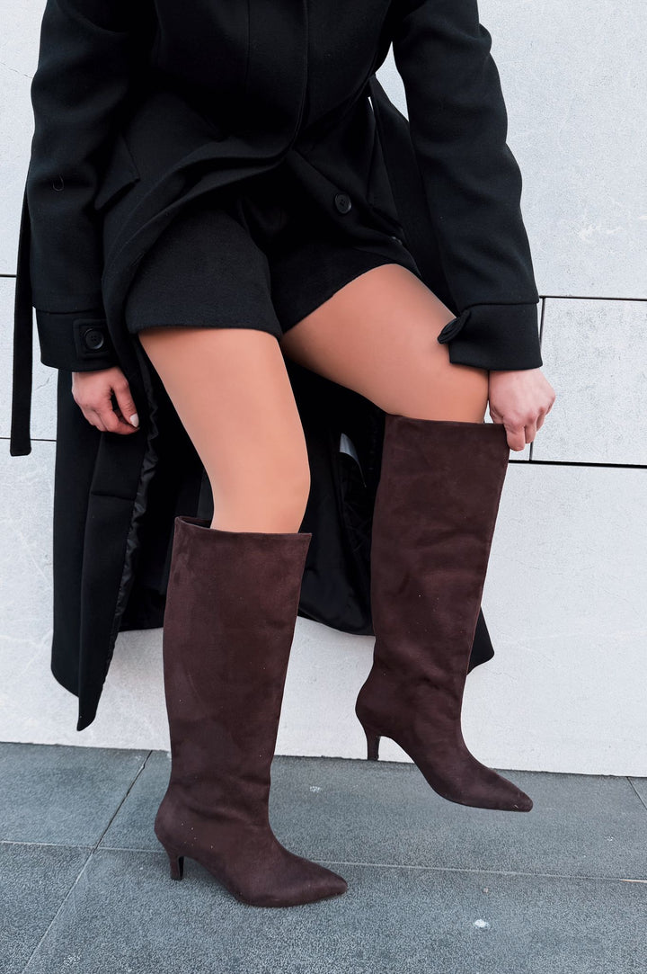 Gwen Kadın Topuklu Çizme Acıkahve Süet - ILOVESHOES