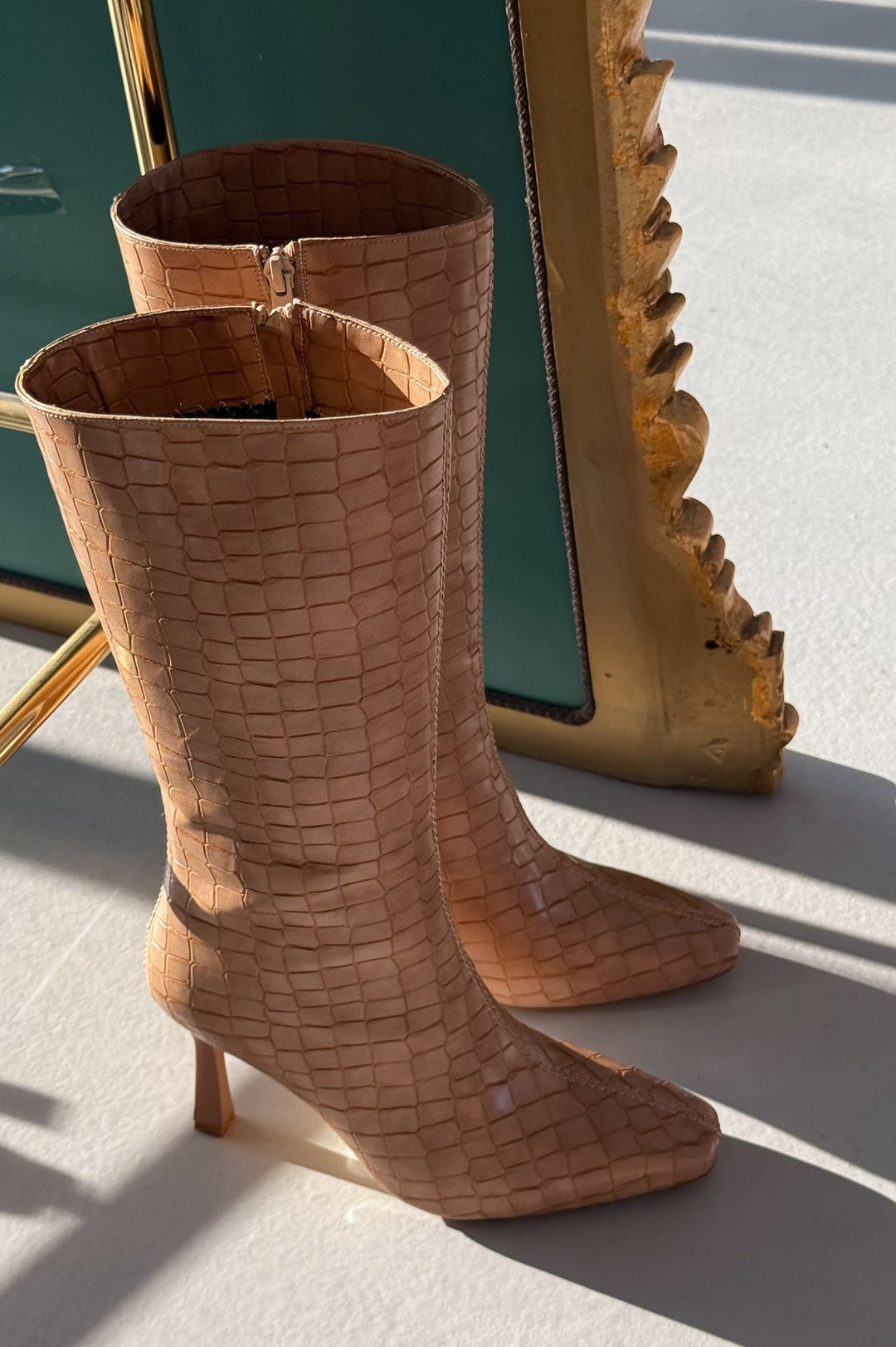 Jorani Mat Deri Desenli Nude Yüksek Topuklu Çizme - ILOVESHOES