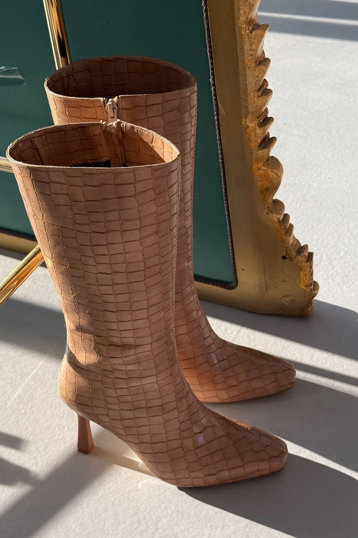 Jorani Mat Deri Desenli Nude Yüksek Topuklu Çizme - ILOVESHOES