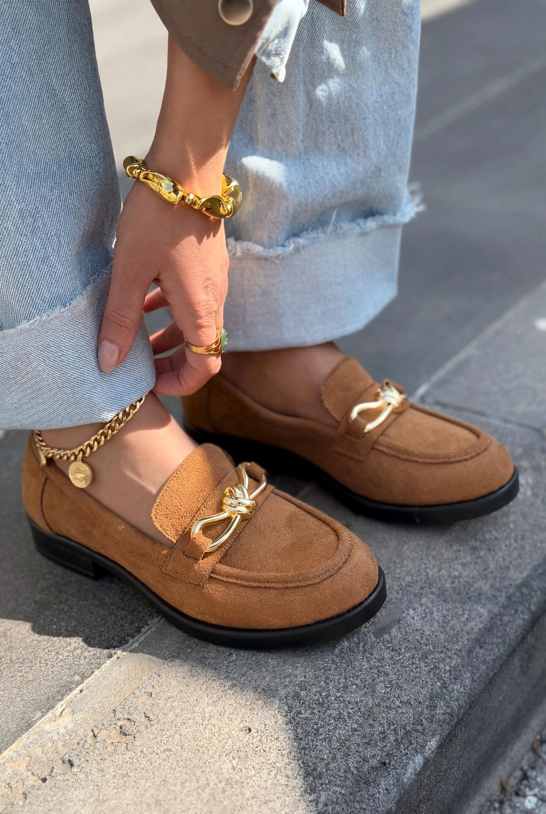 Norel Kadın Loafer Taba Süet Fiyonk Detaylı - ILOVESHOES