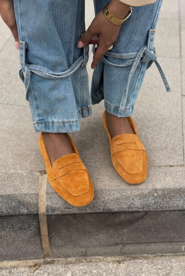 Melniel Hakiki Süet Kadın Loafer Turuncu - ILOVESHOES