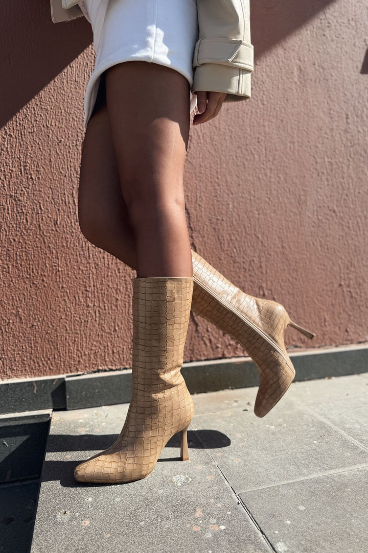 Jorani Mat Deri Desenli Nude Yüksek Topuklu Çizme - ILOVESHOES