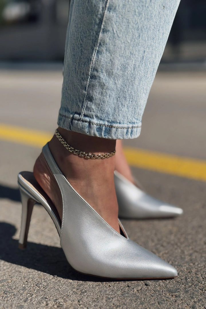 Cason Parlak Deri Yüksek Topuklu Stiletto Gümüş
