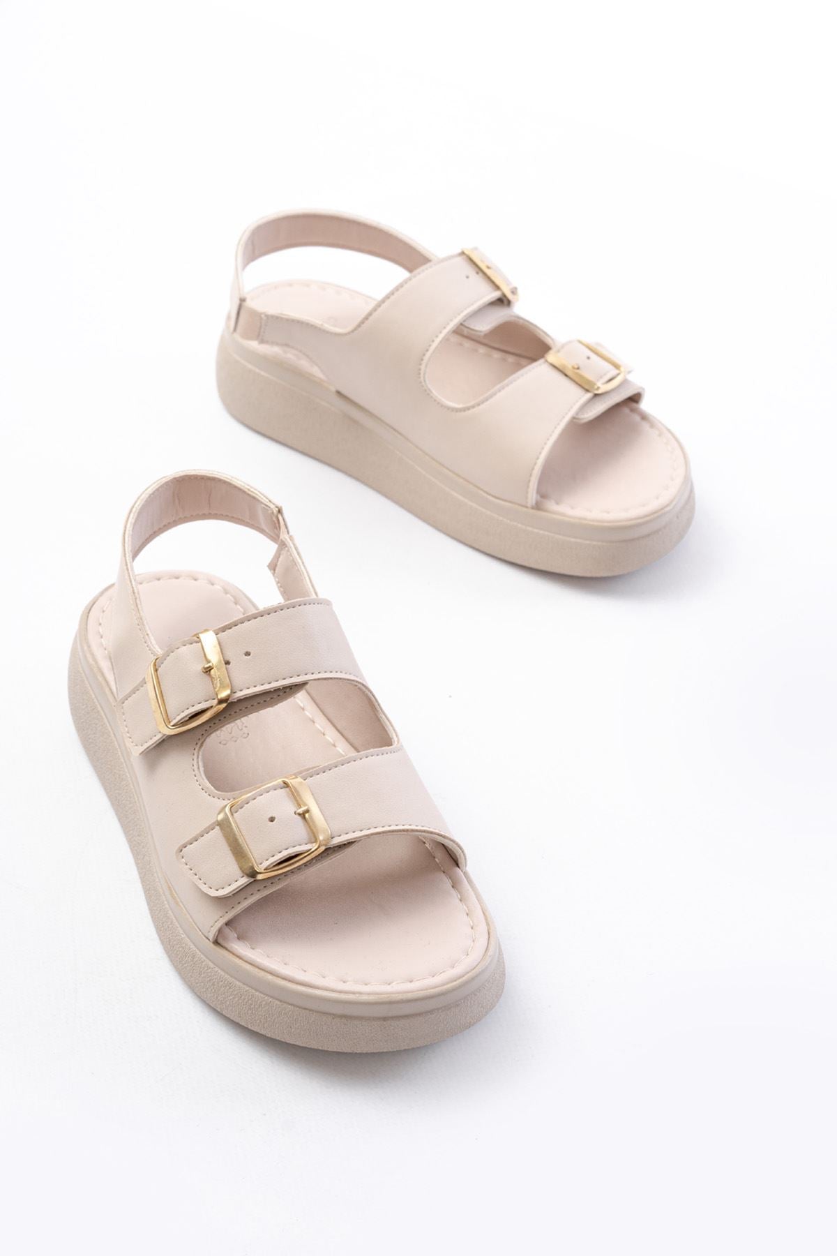 Lirona Mat Deri Bej Toka Detaylı Kadın Sandalet - ILOVESHOES