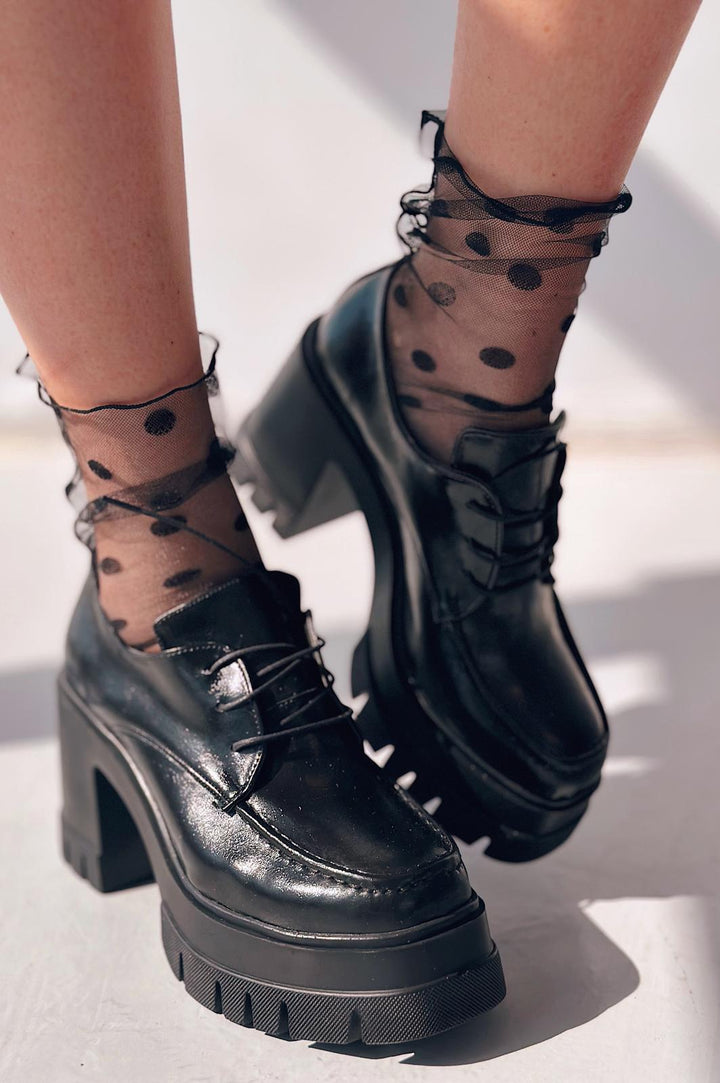 Sapetos Kalın Taban Topuklu Kadın Loafer Siyah Mat Rugan - ILOVESHOES