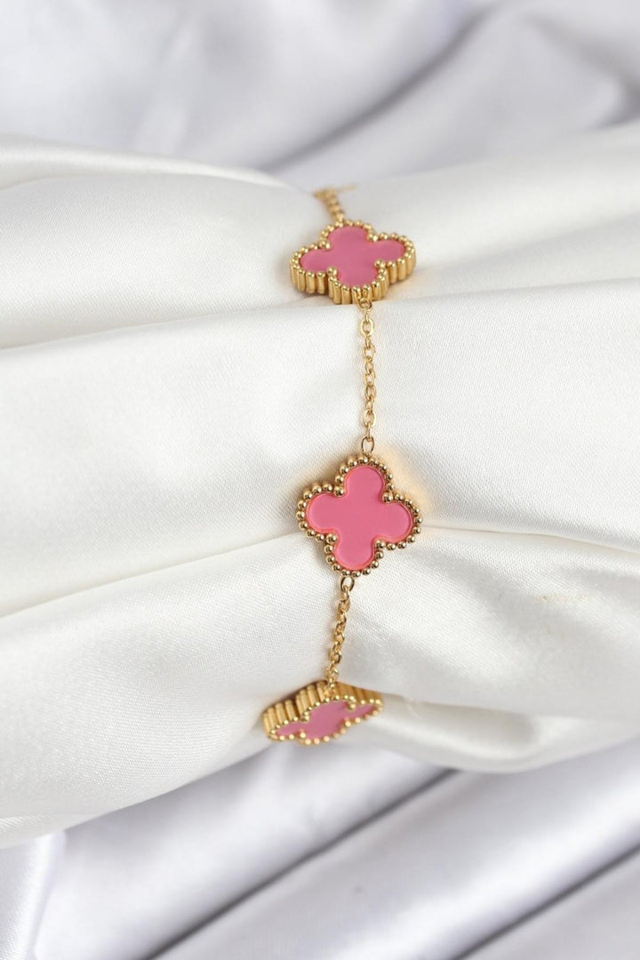 ILS - 1024 Kadın Bileklik Gold Çelik Pembe Yoncalı - ILOVESHOES