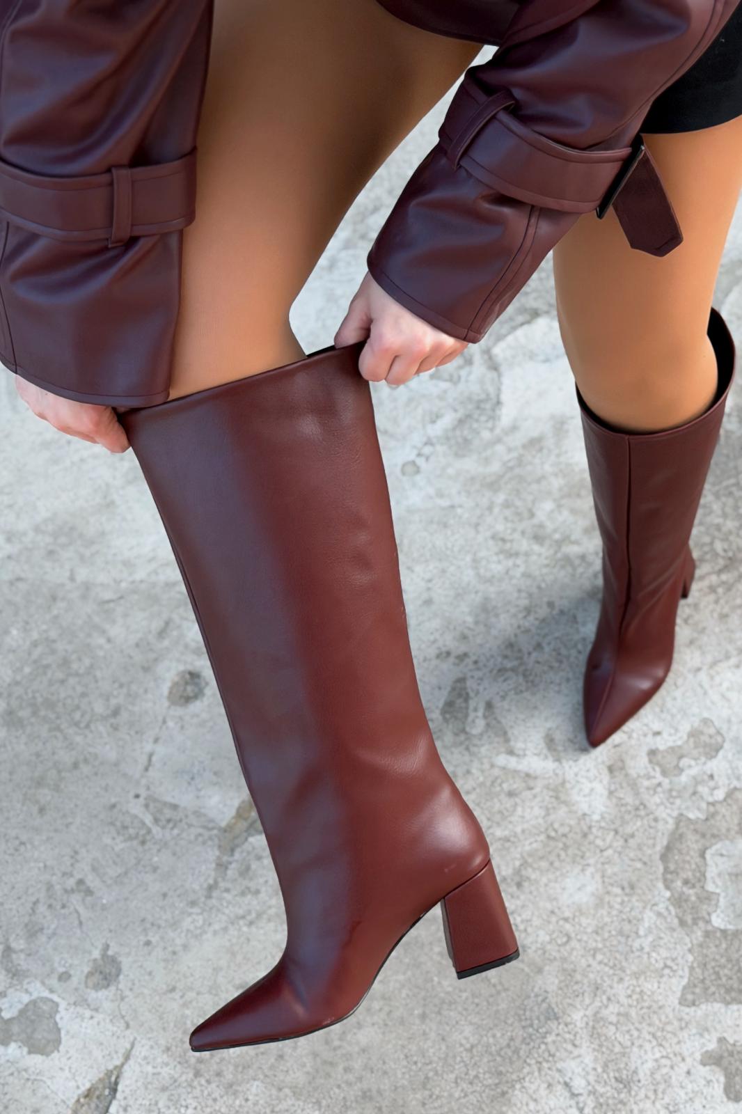 Jarlene Kadın Topuklu Çizme Bordo Mat Deri - ILOVESHOES