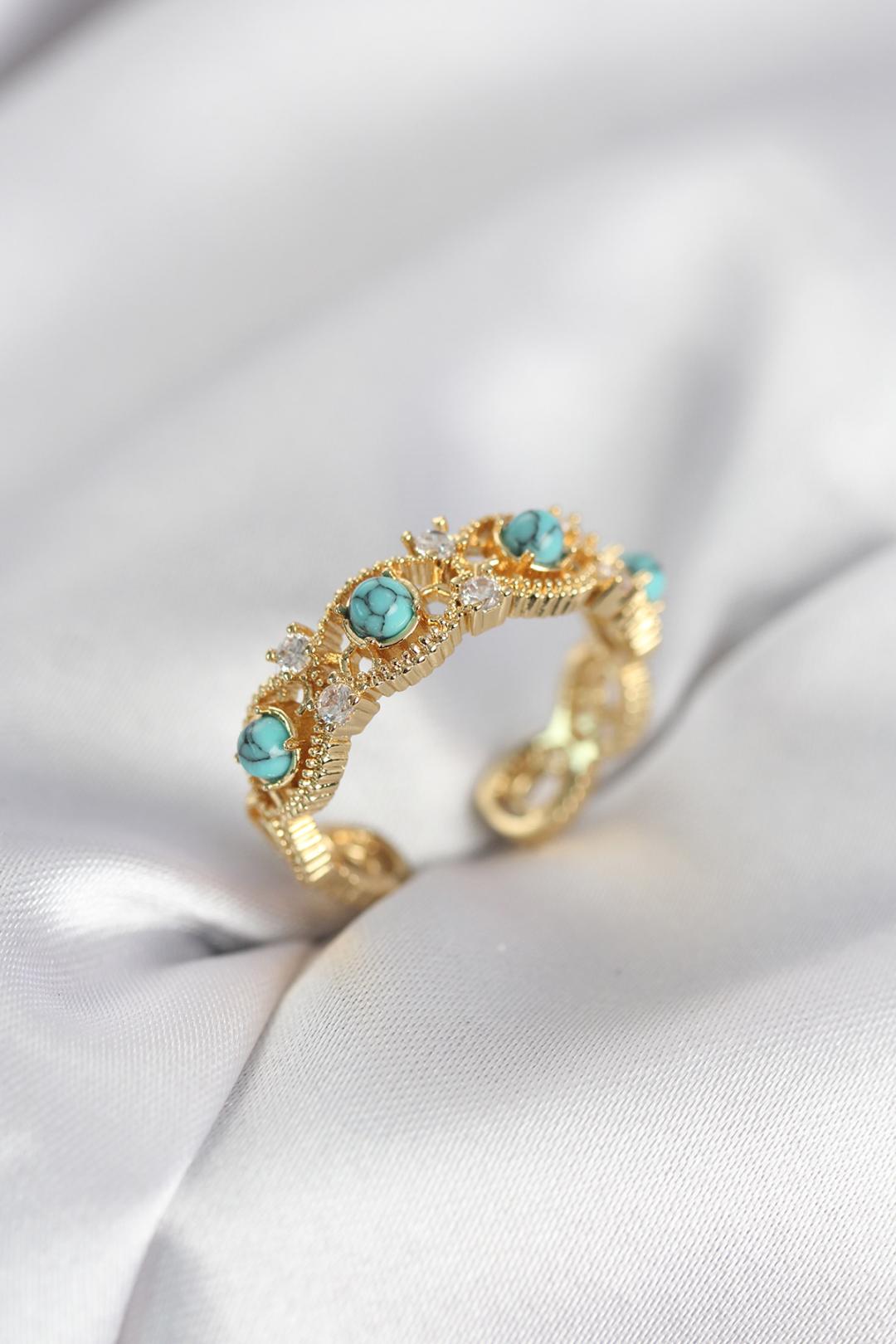 ILS - 1092 Kadın Yüzük Gold Pirinç Mavi Taşlı - ILOVESHOES