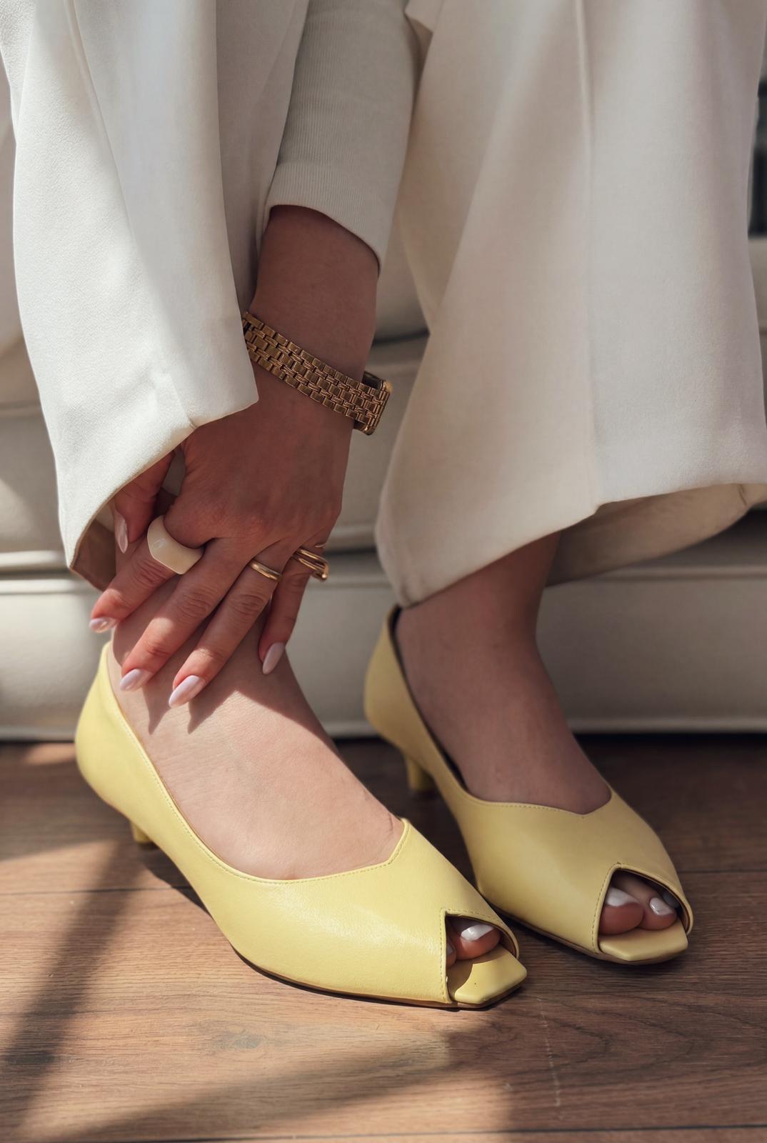 Norvion Hakiki Deri Sarı Mat Deri Kadın Topuklu Ayakkabı - ILOVESHOES