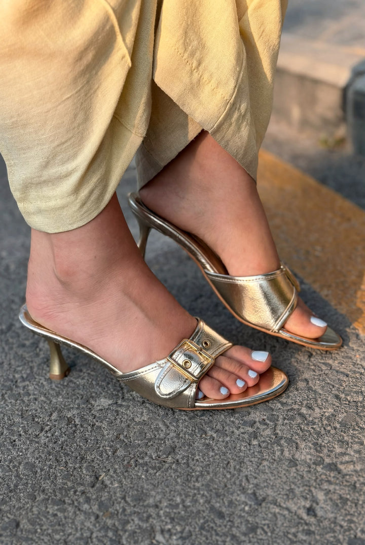 Lerona Gold Perlak Deri Kadın Topuklu Terlik - ILOVESHOES
