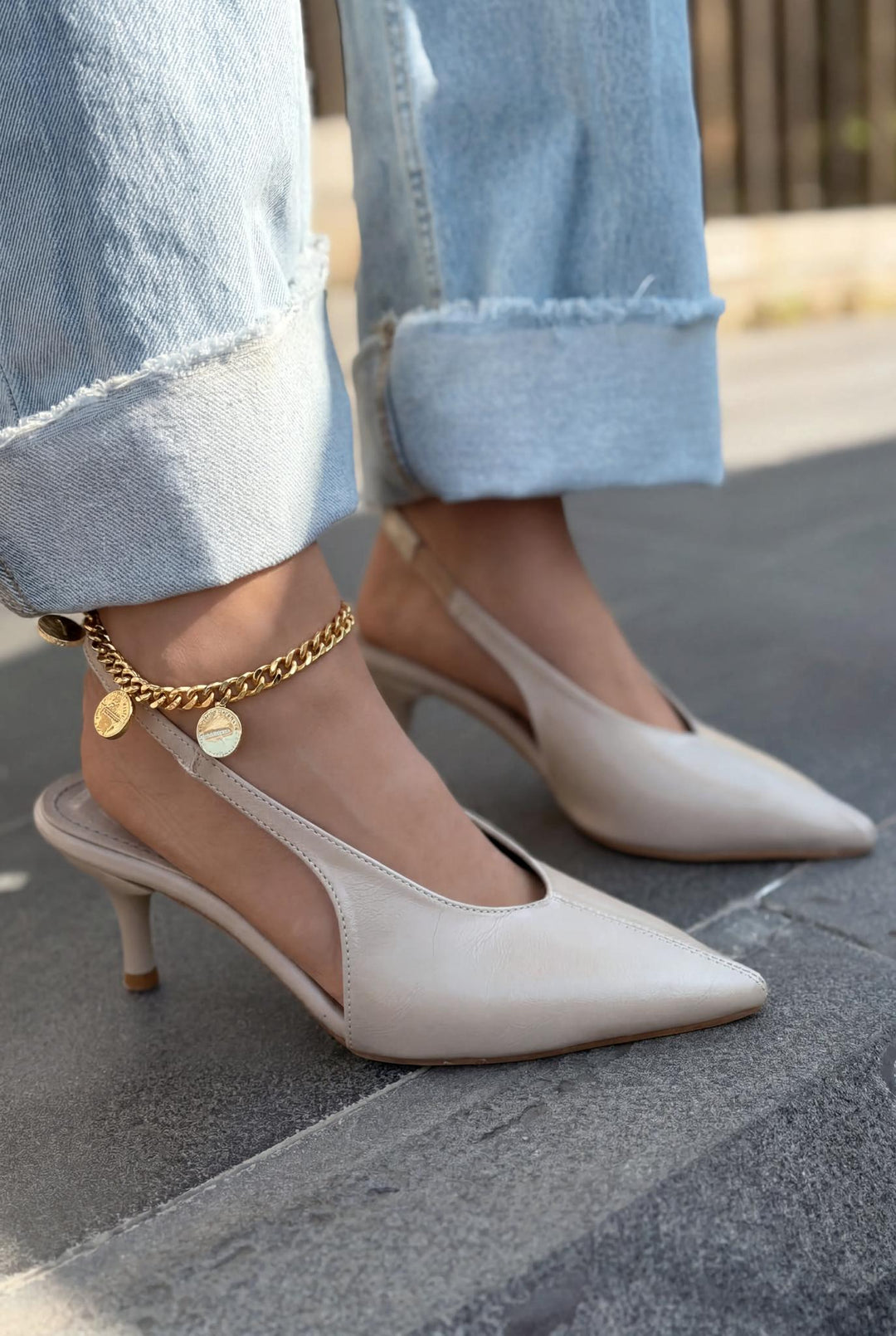 Navore Stiletto Bej Kırışık Deri - ILOVESHOES