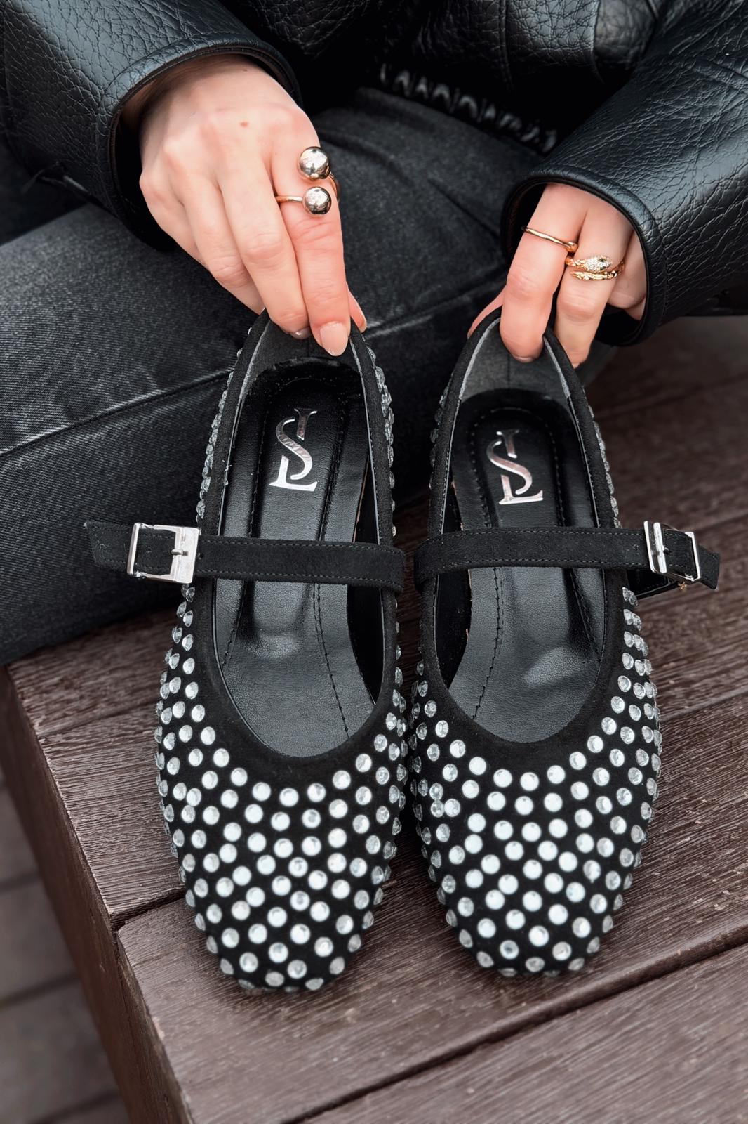 Orion Kadın Babet Siyah Süet Gri Taş Detaylı - ILOVESHOES