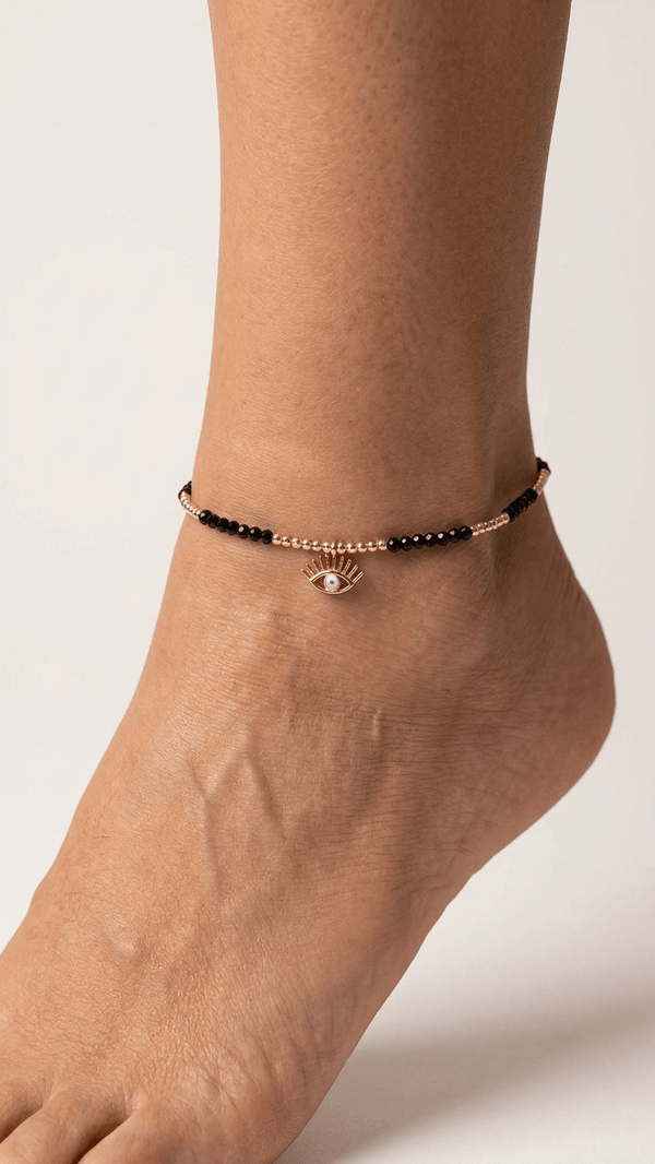 ILS - 1134 Siyah Renk Boncuklu Nazarlı Göz Figürlü Halhal - ILOVESHOES