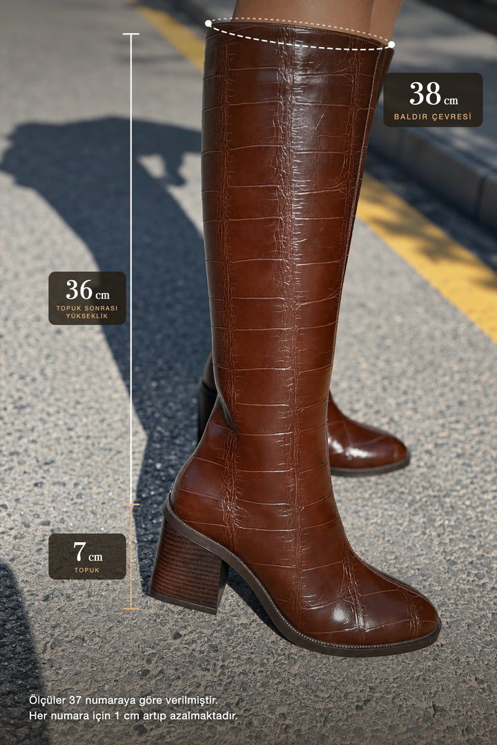 Novera Acı Kahve Kroko Mat Deri Kadın Çizme - ILOVESHOES
