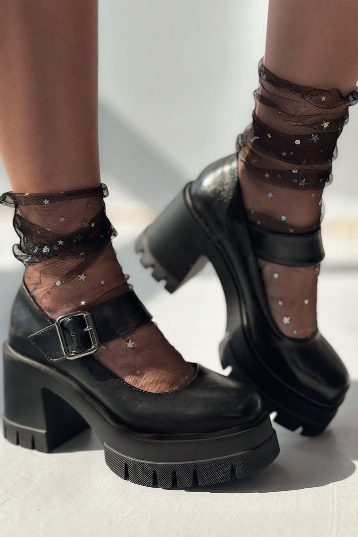 Solea Kalın Taban Topuklu Mary Jane Siyah Mat Deri - ILOVESHOES