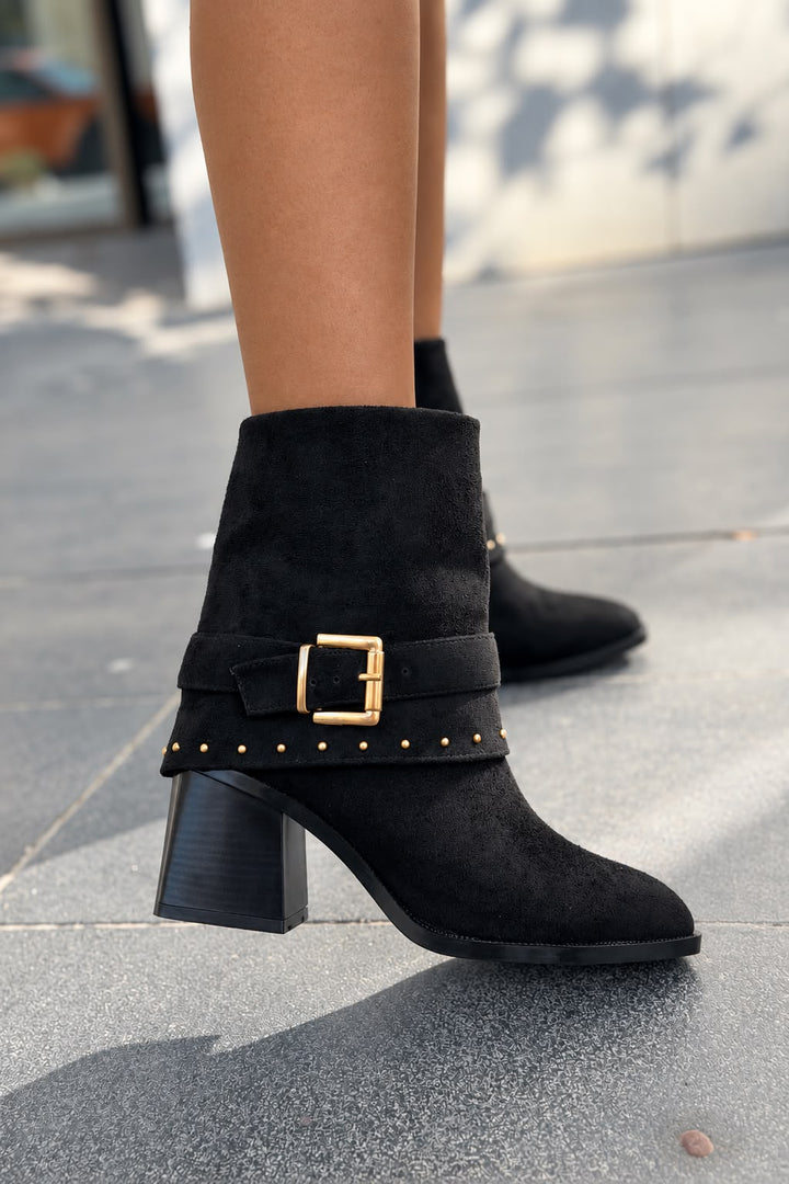 Velrix Siyah Süet Kadın Topuklu Bot - ILOVESHOES