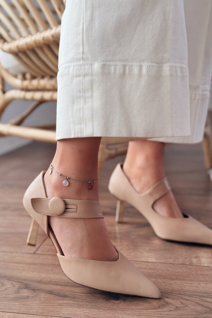 Wasord Mat Deri Düğme Detaylı Stiletto Nude