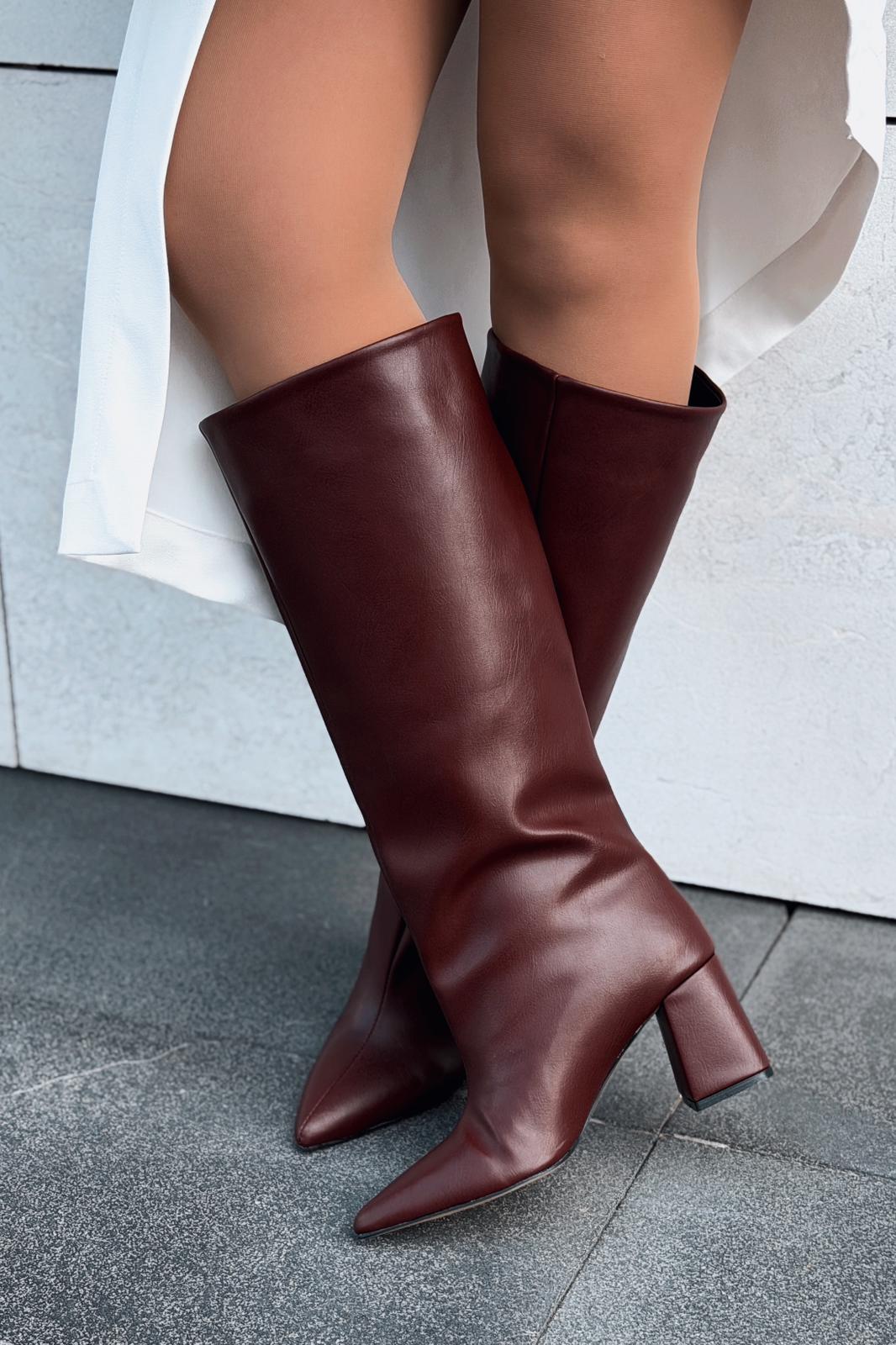 Jarlene Kadın Topuklu Çizme Bordo Mat Deri - ILOVESHOES