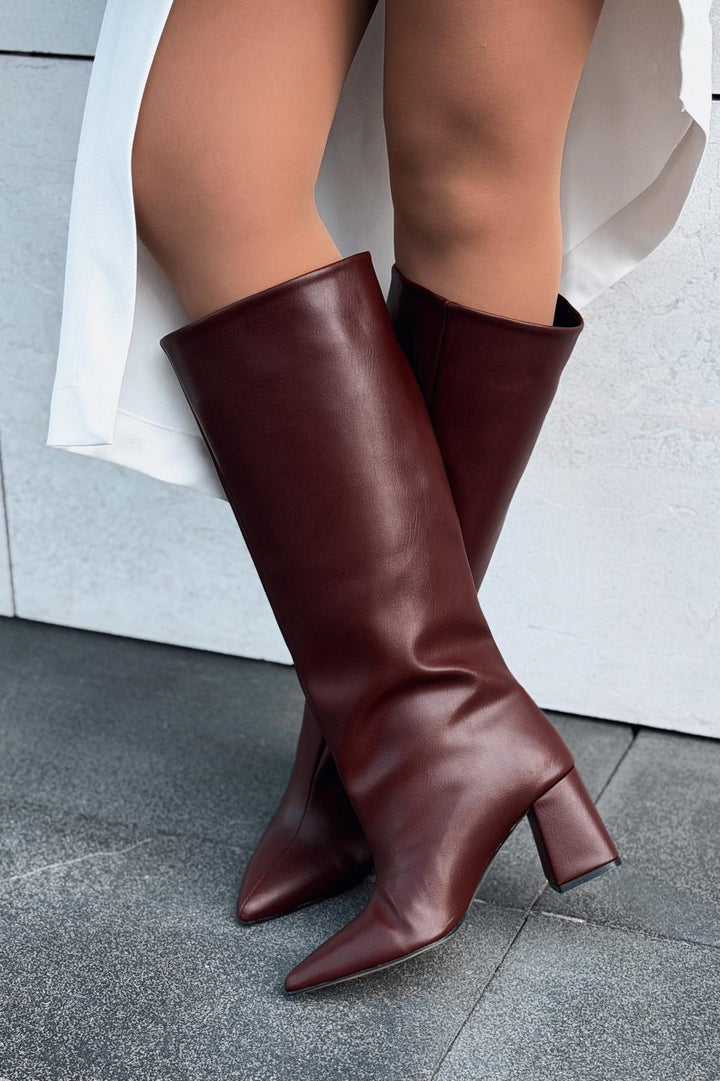 Jarlene Kadın Topuklu Çizme Bordo Mat Deri - ILOVESHOES