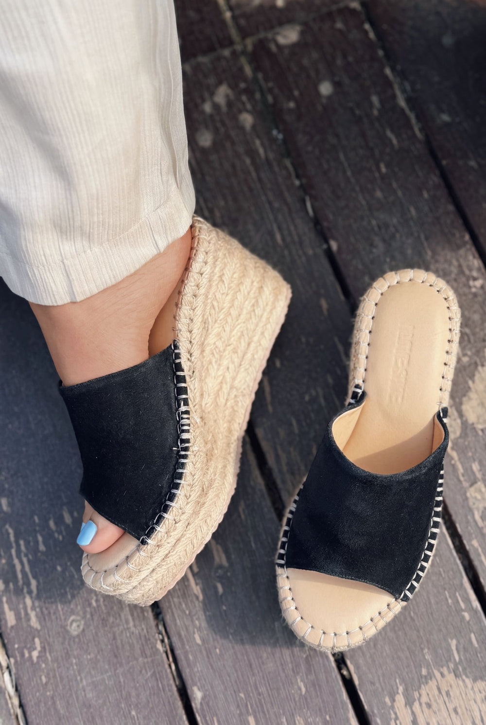 Lorver Siyah Hakiki Süet Kadın Dolgu Topuklu Terlik - ILOVESHOES