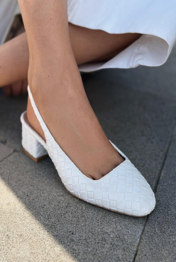 Solen Mary jane Topuklu Ayakkabı Beyaz Mat Deri Örgü Detaylı - ILOVESHOES