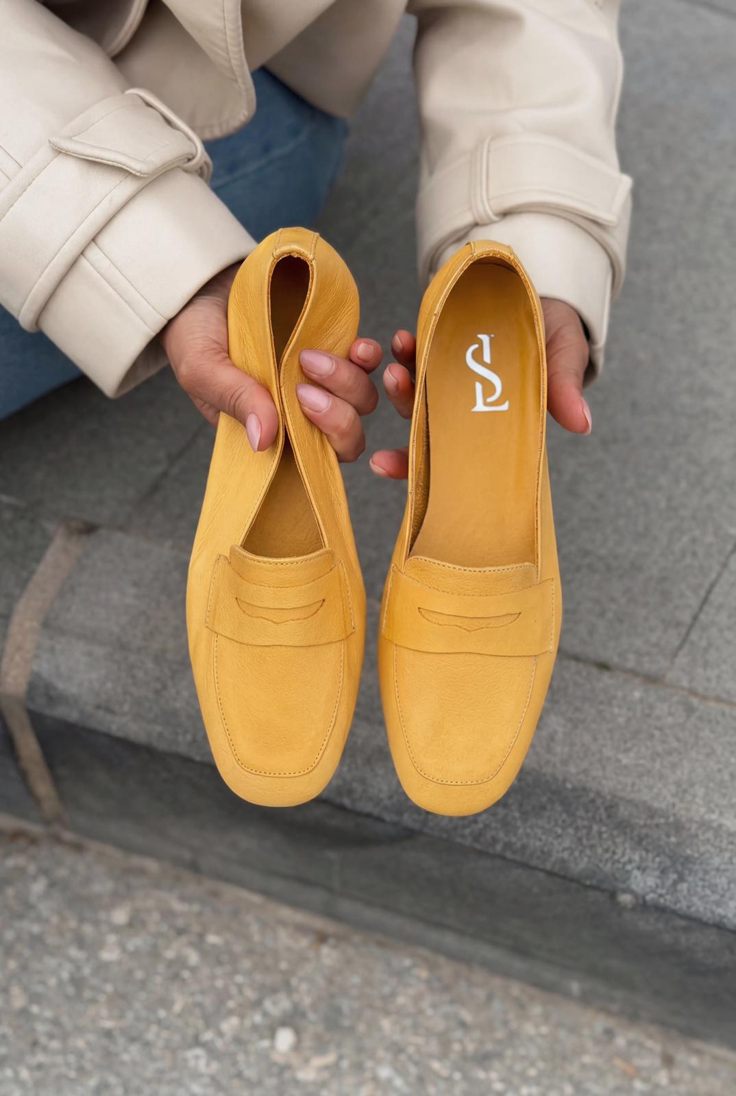 Melniel Hakiki Deri Kadın Loafer Sarı - ILOVESHOES