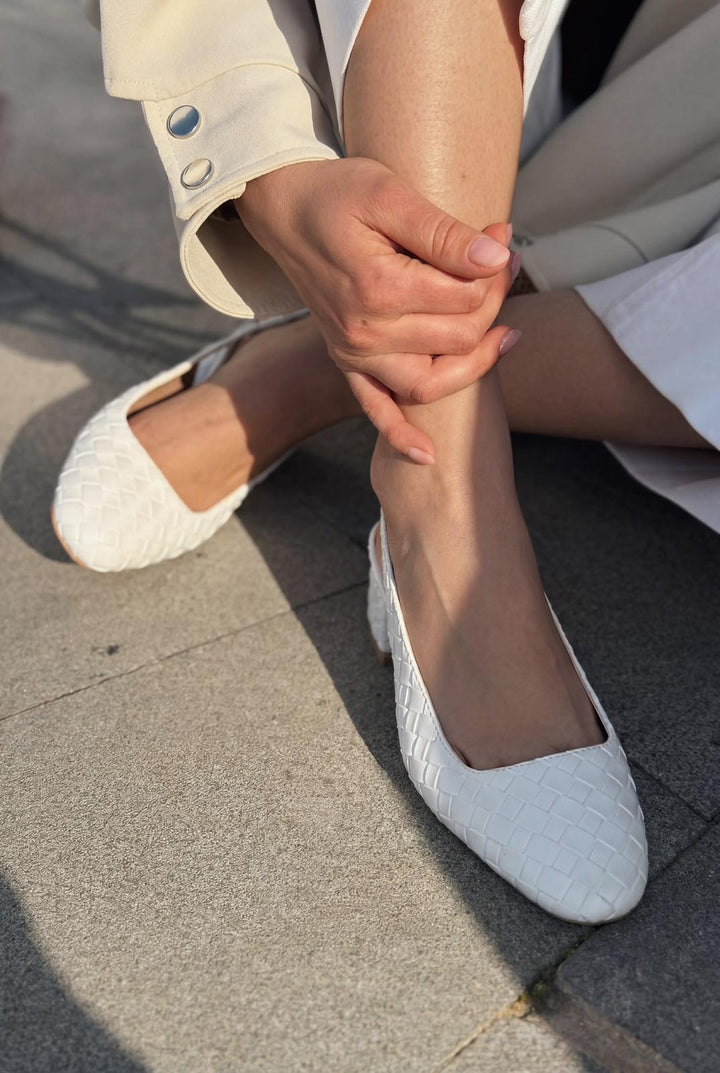 Solen Mary jane Topuklu Ayakkabı Beyaz Mat Deri Örgü Detaylı - ILOVESHOES