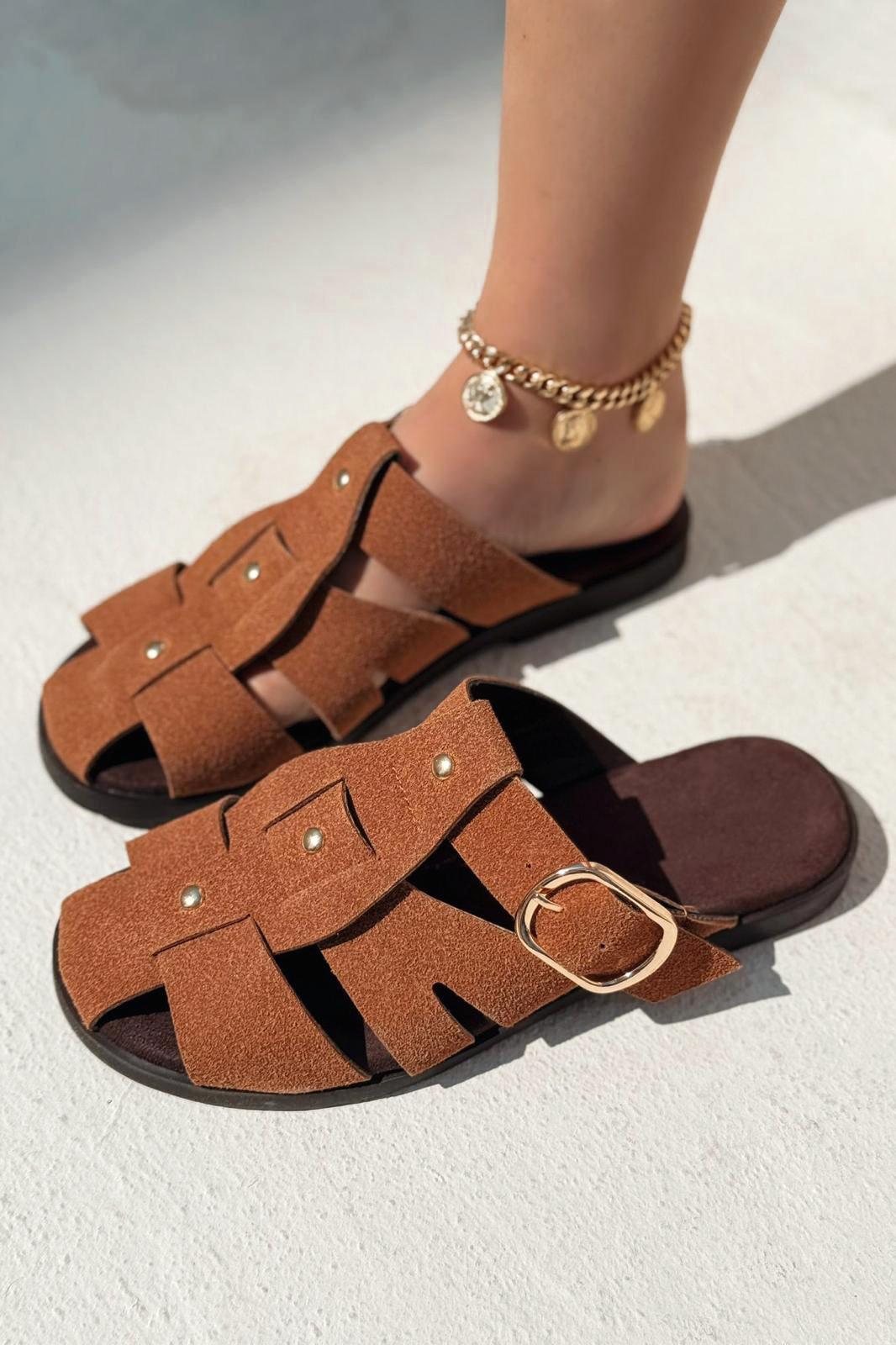 Tayra Süet Taba Düz Kadın Terlik - ILOVESHOES