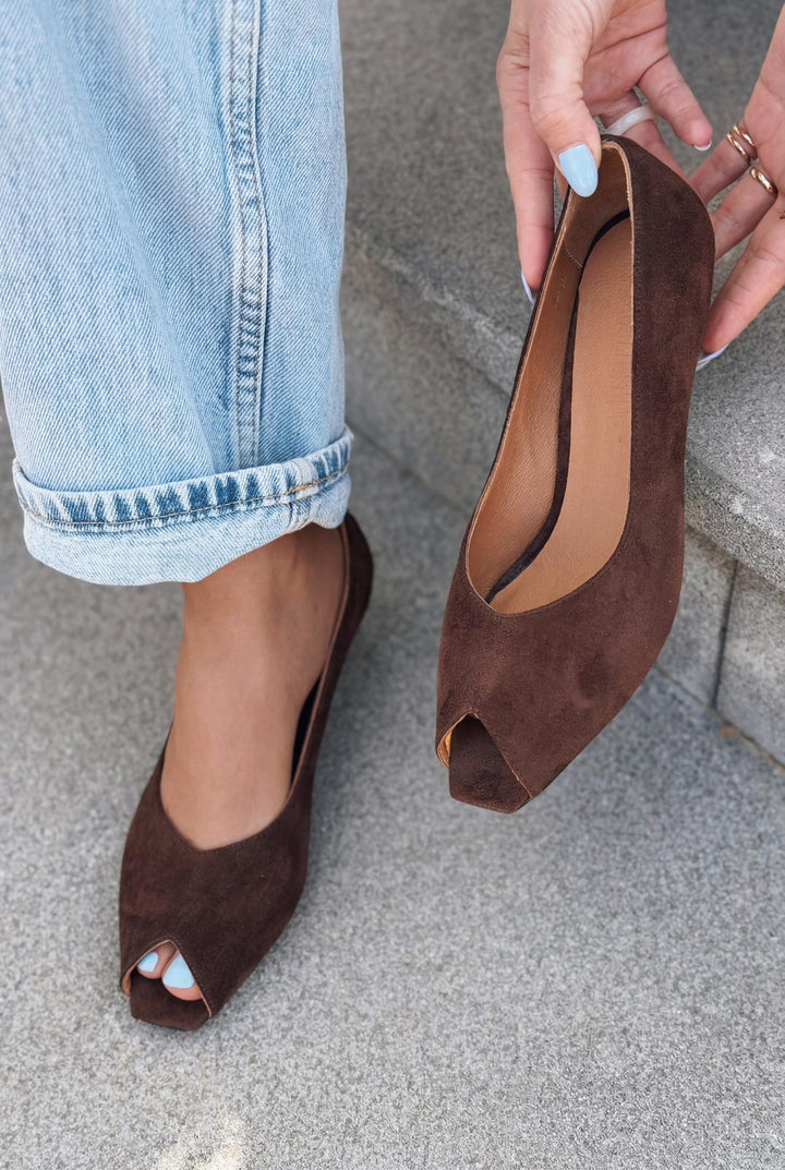 Norvion Hakiki Deri Acıkahve Süet Kadın Topuklu Ayakkabı - ILOVESHOES