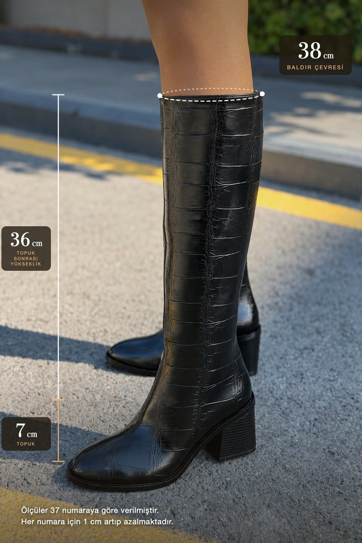 Novera Siyah Kroko Mat Deri Kadın Çizme - ILOVESHOES