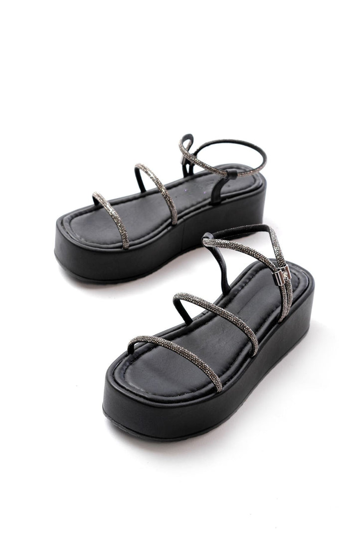 Lenyor Mat Deri Siyah Platin Taş Bantlı Kadın Sandalet - ILOVESHOES
